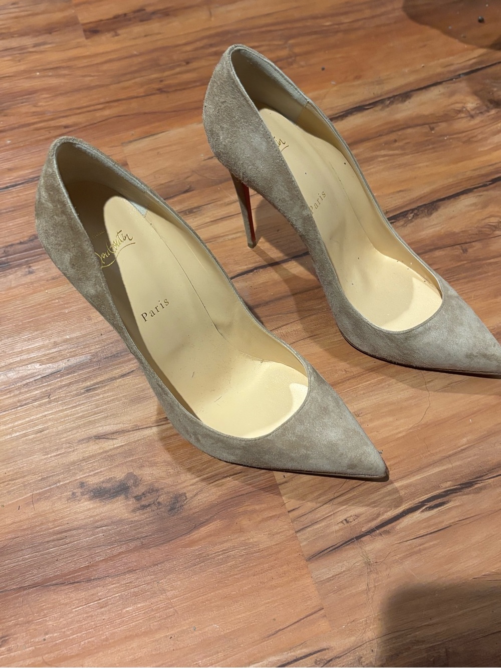 Christian Louboutin Taupe Suede Pointed Toe Pumps with Red Soles
